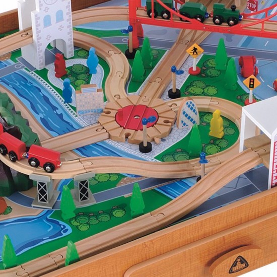 Set trenulet din lemn Big City Train cu masuta de joaca maro