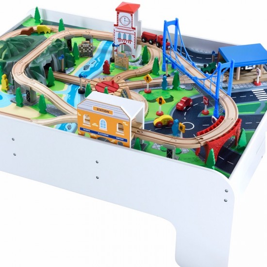 Set trenulet din lemn joaca Big City Rail cu masuta alba 
