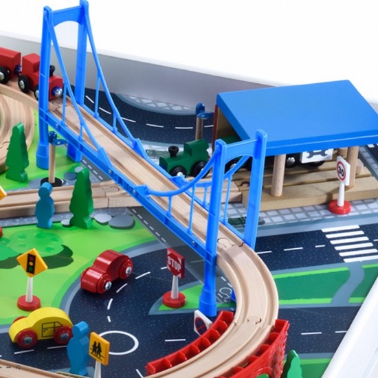 Set trenulet din lemn joaca Big City Rail cu masuta alba 