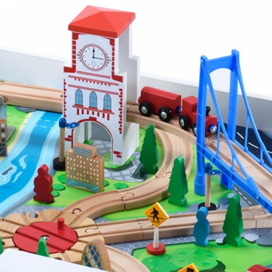 Set trenulet din lemn joaca Big City Rail cu masuta alba 