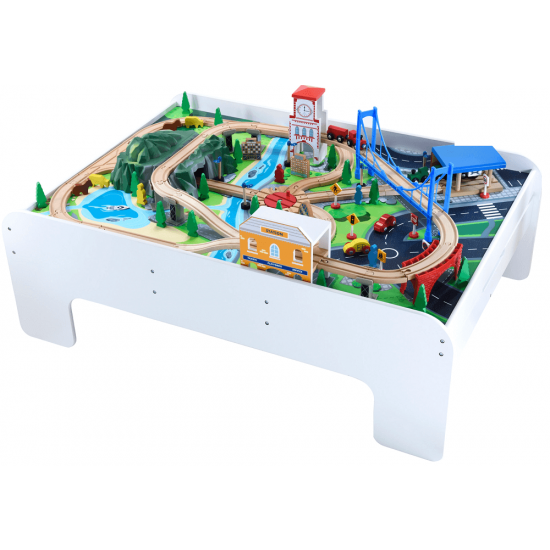 Set trenulet din lemn joaca Big City Rail cu masuta alba 