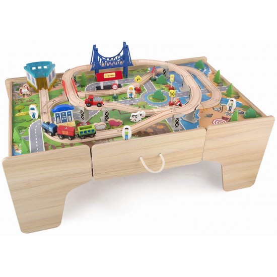 Set trenulete din lemn Busy City 2 in 1  cu masuta de joaca si sertar si 80 de piese