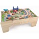 Set trenulete din lemn Busy City 2 in 1  cu masuta de joaca si sertar si 80 de piese