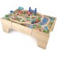 Set trenulete din lemn Busy City 2 in 1  cu masuta de joaca si sertar si 80 de piese