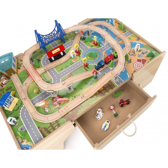 Set trenulete din lemn Busy City 2 in 1  cu masuta de joaca si sertar si 80 de piese