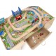 Set trenulete din lemn Busy City 2 in 1  cu masuta de joaca si sertar si 80 de piese