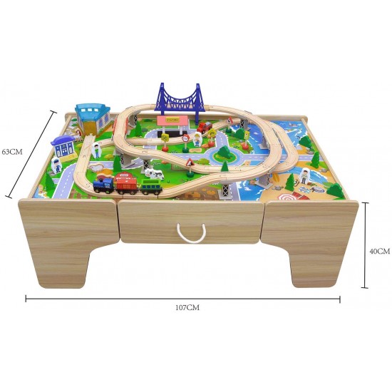 Set trenulete din lemn Busy City 2 in 1  cu masuta de joaca si sertar si 80 de piese