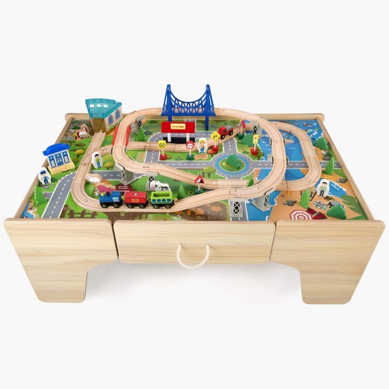 Set trenulete din lemn Busy City 2 in 1  cu masuta de joaca si sertar si 80 de piese