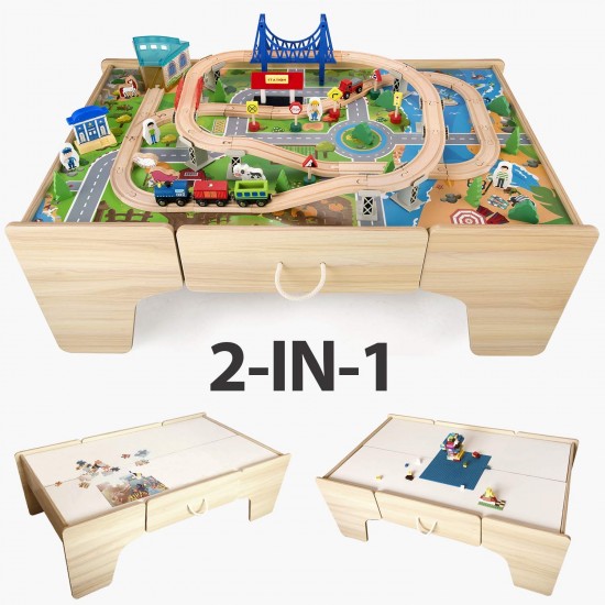 Set trenulete din lemn Busy City 2 in 1  cu masuta de joaca si sertar si 80 de piese