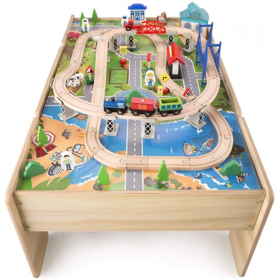 Set trenulete din lemn Busy City 2 in 1  cu masuta de joaca si sertar si 80 de piese