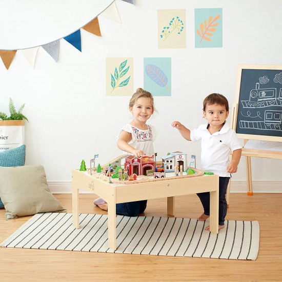 Set Trenulet din lemn Tara Natur - Green Country Wooden Train cu masuta de joaca 