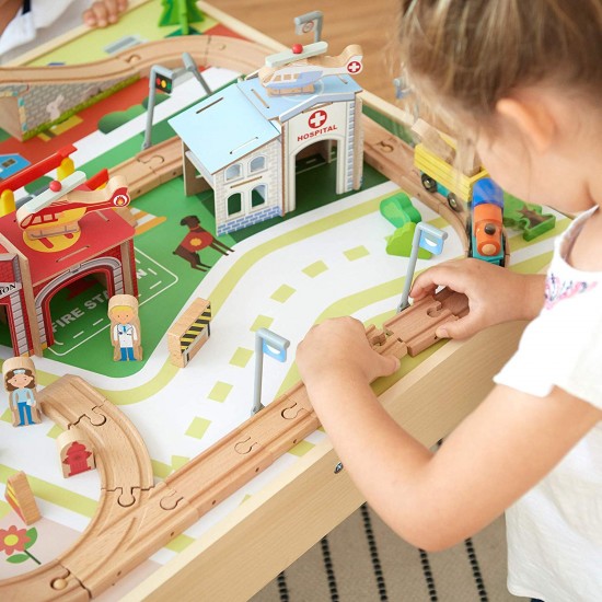 Set Trenulet din lemn Tara Natur - Green Country Wooden Train cu masuta de joaca 