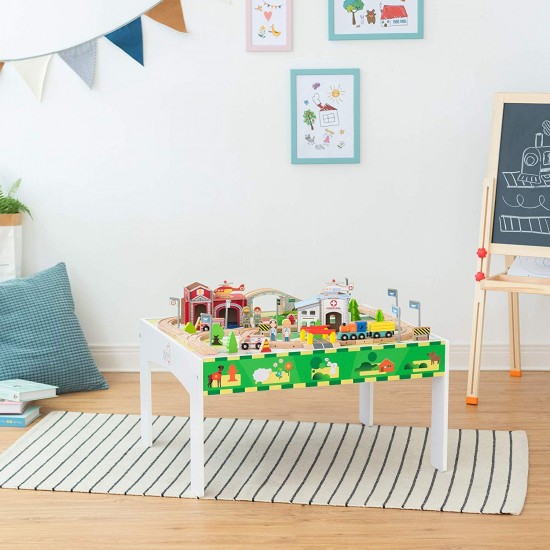 Set Trenulet din lemn Tara Verde - Green Country Wooden Train cu masuta de joaca 
