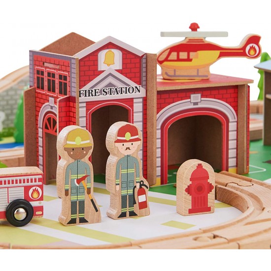 Set Trenulet din lemn Tara Verde - Green Country Wooden Train cu masuta de joaca 