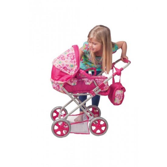 Carucior pliabil de jucarie pentru papusi cu accesorii Doll Pram