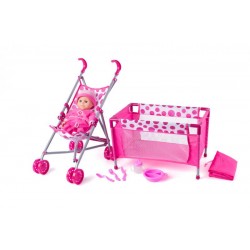 Carucior pliabil Set de jucarie cu papusa inclusa si pat papusi cu accesorii Doll Pram