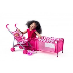 Carucior pliabil Set de jucarie cu papusa inclusa si pat papusi cu accesorii Doll Pram