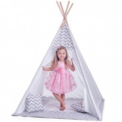 Cort mare copii stil indian Teepee White Grey Stars, XXL, alb-gri, include covoras / salteluta si perne