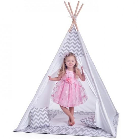 Cort mare copii stil indian Teepee White Grey Stars, XXL, alb-gri, include covoras / salteluta si perne