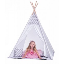 Cort mare copii stil indian Teepee White Grey Stars, XXL, alb-gri, include covoras / salteluta si perne