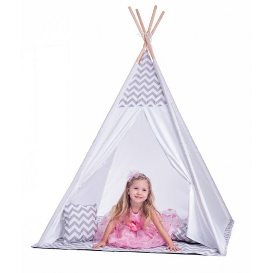 Cort mare copii stil indian Teepee White Grey Stars, XXL, alb-gri, include covoras / salteluta si perne