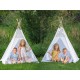 Cort mare copii stil indian Teepee White Grey Stars, XXL, alb-gri, include covoras / salteluta si perne