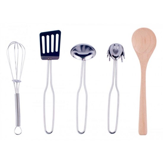 Set 10 accesorii inox lemn de jucarie pentru bucatarie copii - Woody Toy Pots Kitchen 