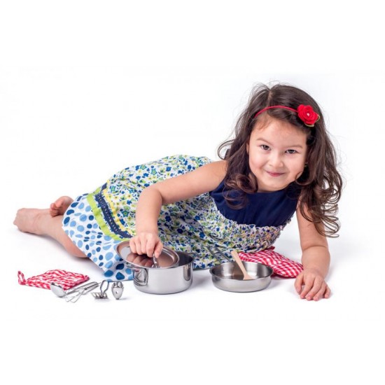 Set 10 accesorii inox lemn de jucarie pentru bucatarie copii - Woody Toy Pots Kitchen 