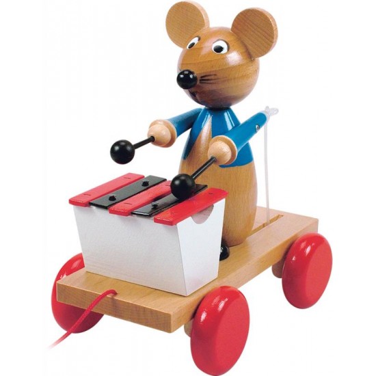 Masinuta din lemn Soricelul Vesel Little Mouse cu Xilofon- jucarie din lemn de tras